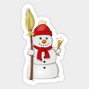 Cartoon style drawing of a funny snowman with red bonnet Sticker